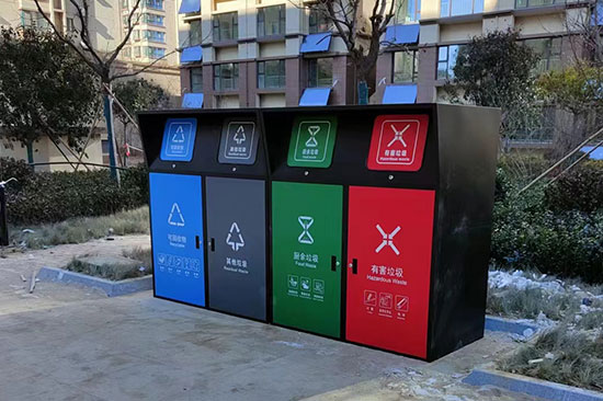 小區安裝四分類垃圾桶罩，垃圾分類亭